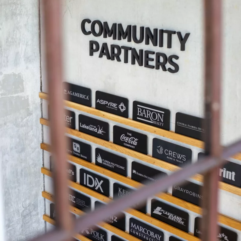 The Catapult Lakeland community partners wall of logos.